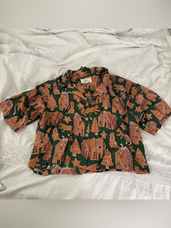 Printfresh Other - Printfresh Gingerbread Party Eco Satin Ruffle top MEDIUM green brown